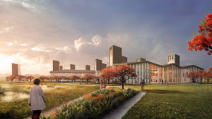 Rendering of a geometric hospital building with multiple chimneys, an undulating roofline, and vertical panels on its glass facade