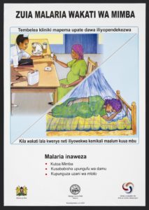 White poster with illustrations depicting a dark-skinned pregnant woman receiving materials from a doctor and sleeping in a bed enclosed by a mosquito net