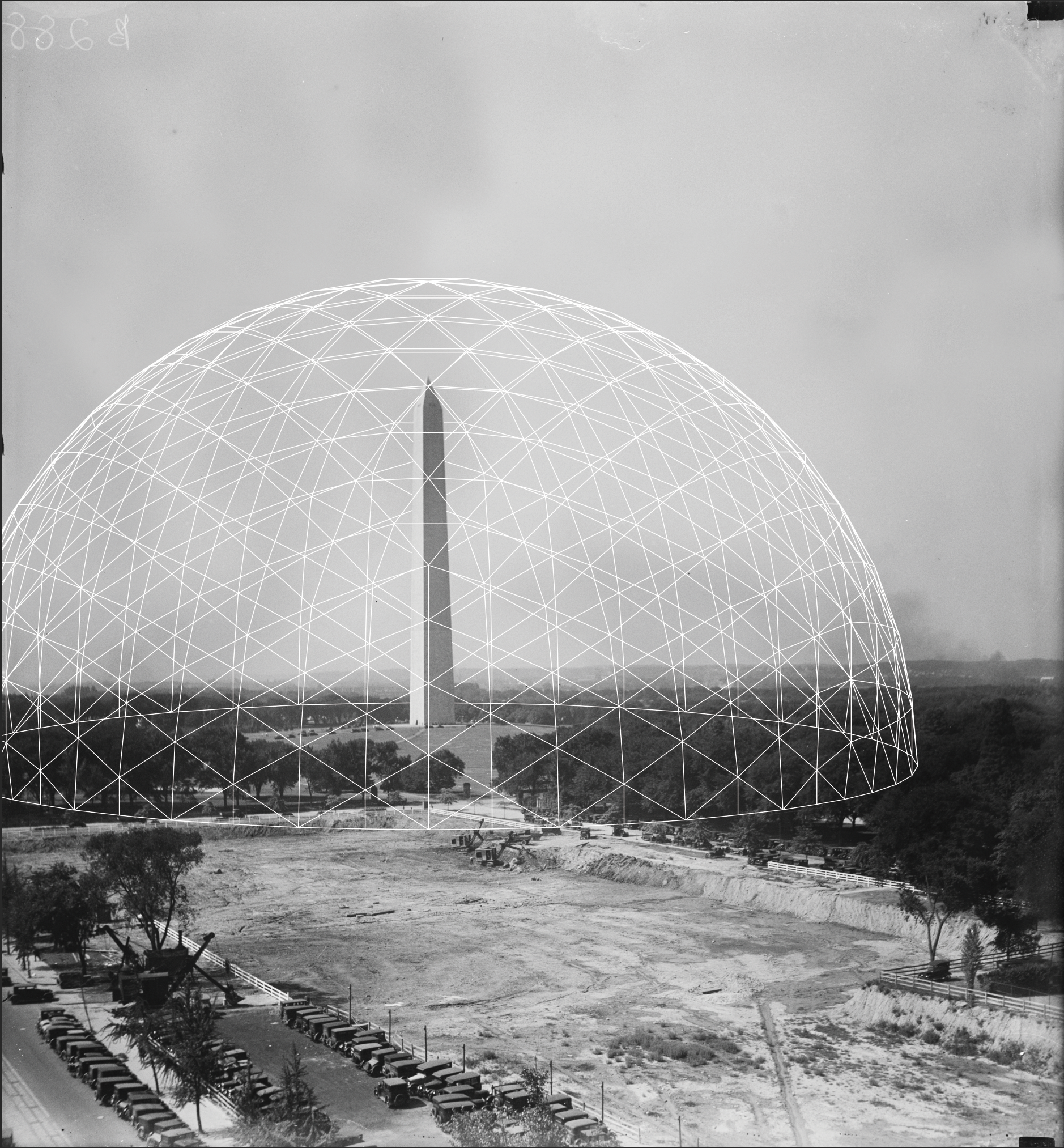 Photograph of the Washington Monument enclosed by a white open air dome.