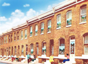 Colorful view of Baltimore city street with people sitting along stoops; in the windows and doorways are painted screens showing views of nature