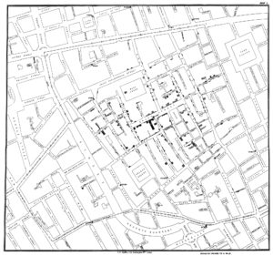 View of map of London showing city grid and clustered dotted areas