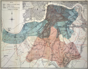 Gray map of London with two overlapping amorphous areas in red and blue