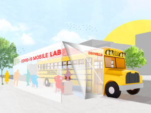 Illustration of a yellow school bus parked on a city street. Beside the bus, a clear rectangular tent structure with the words Covid-19 Mobile Lab in red letters.