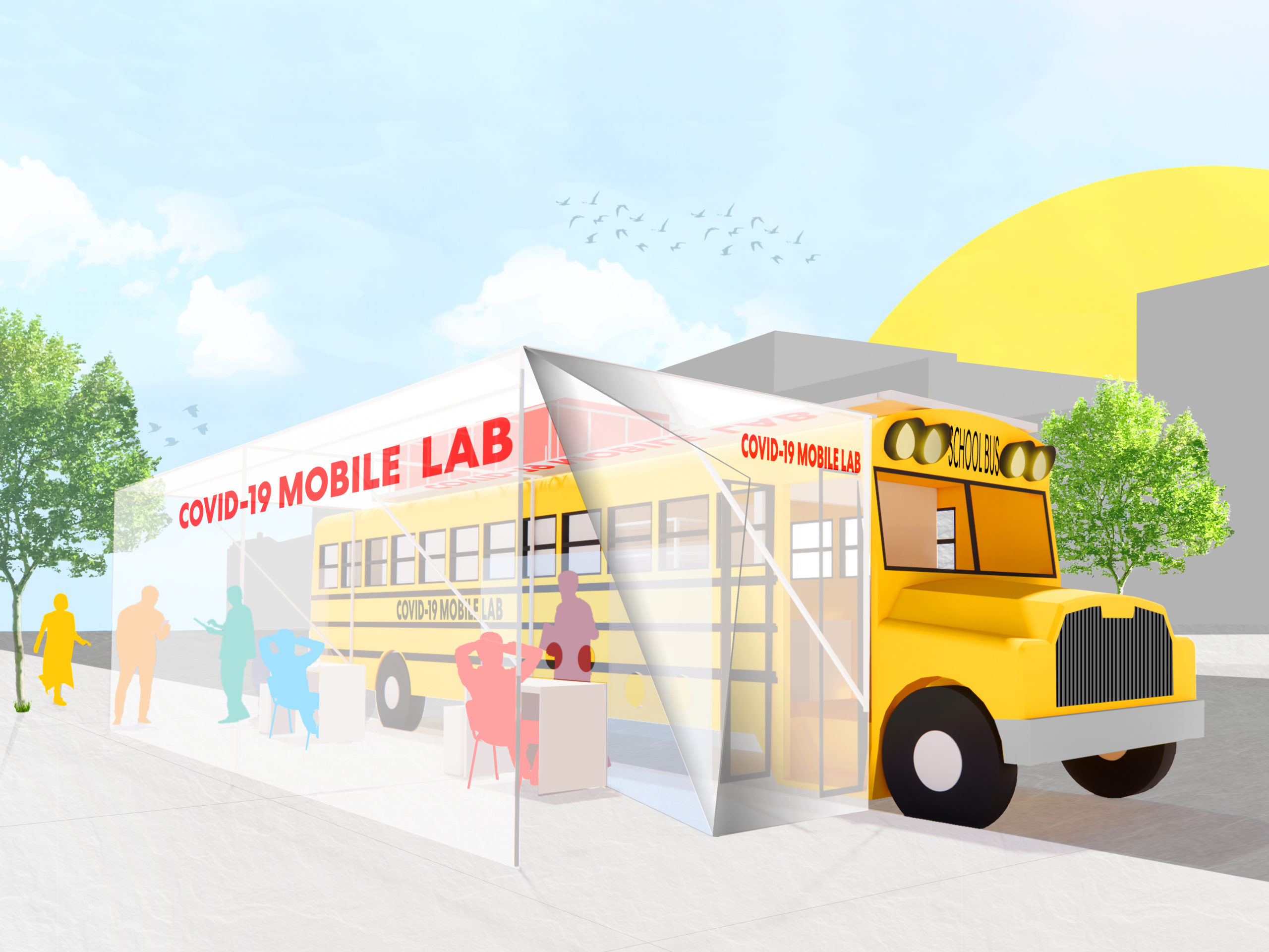 Illustration of a yellow school bus parked on a city street. Beside the bus, a clear rectangular tent structure with the words Covid-19 Mobile Lab in red letters.