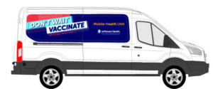 Illustration of a white van marked with a large blue decal on its side windows reading Don't Wait Vaccinate in bold letters