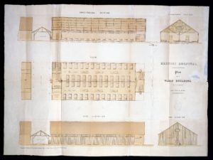 Creased sheet of paper with three architectural illustrations showing plan views of a large open hospital with a simple triangular profile similar to a barn