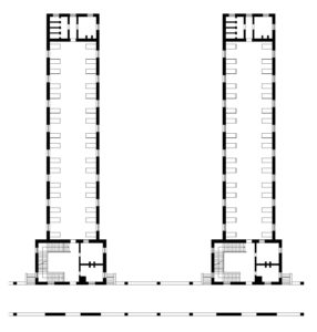 Architectural plan view of two long rectangular hospital wards with rows of beds and windows along each wall