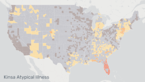 A grey-toned map of North America indicating where fevers were occurring across the US in March 2020 in blocks of yellow, orange and red detailing anonymized data from its smart thermometer