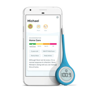 A blue lollipop-shaped digital thermometer posed with a smartphone displaying its corresponding app