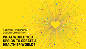 Animated GIF for the National High School Design Competition of a yellow rectangle with a small yellow heart beating that has multiple, brightly-colored lines and small dots growing from it, like an explosion