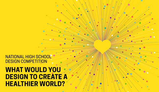 Animated GIF for the National High School Design Competition of a yellow rectangle with a small yellow heart beating that has multiple, brightly-colored lines and small dots growing from it, like an explosion