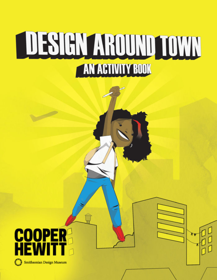 Yellow front-cover of an activity book with a dark-skinned, cartoon child mid-jump dressed in blue trousers, red shoes and a white t-shirt, their left arm raised clasping a white pencil in their fist, in the background are high-rise buildings