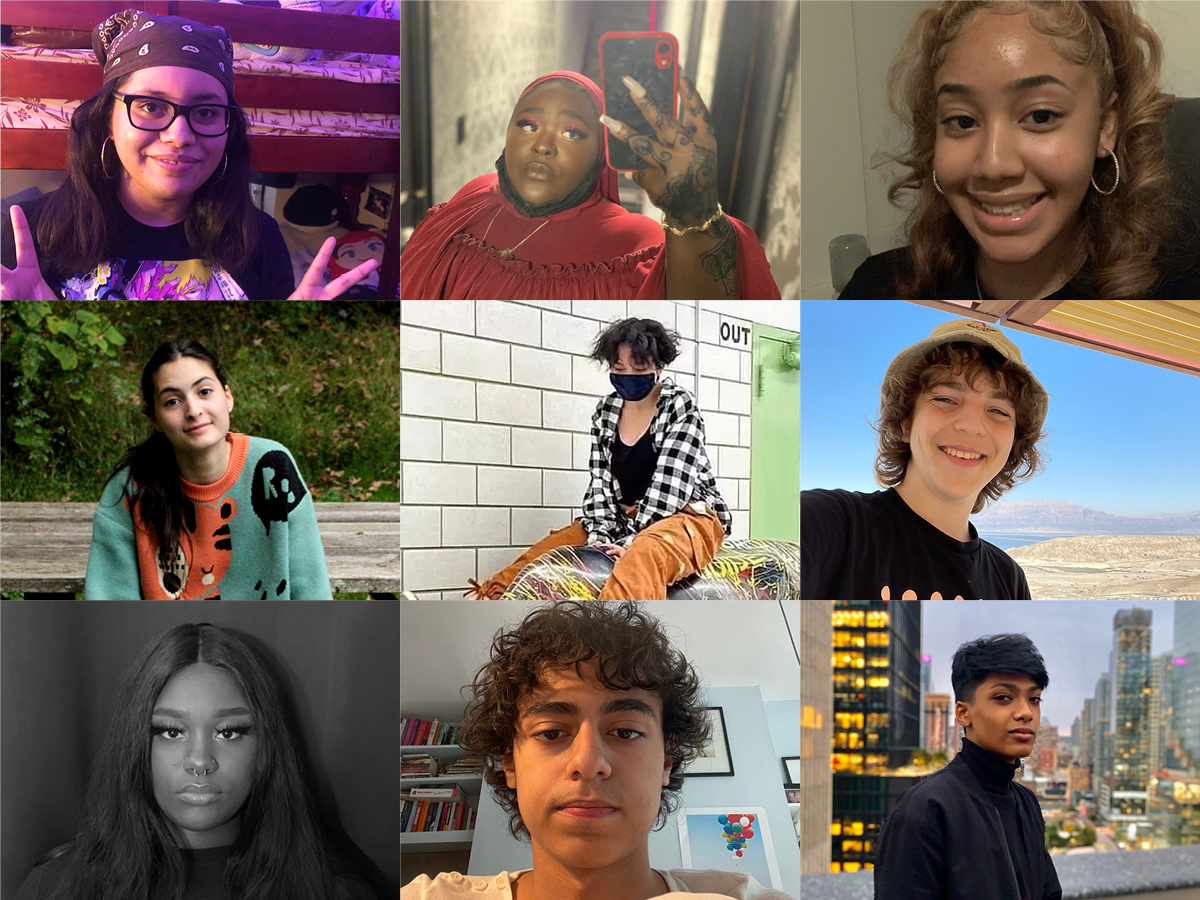 Collage of nine photographs of student participants in Design Hive, the students are of mixed races and genders and have picked a variety of backdrops, including an American flag, a white-tiled wall, grass, book shelves and a city-scape