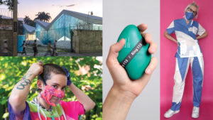 A collage of four images, in the top left is the illuminated exterior of a cholera treatment center, beneath is a figure putting on a multi-colored mask with a clear section over the lips, in the center a hand holds a lozenge-shaped green plastic device, to the right is a person wearing blue and white scrubs against a pink background.