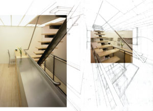 Two photographs of the same staircase placed on top of architectural sketches of the staircase.