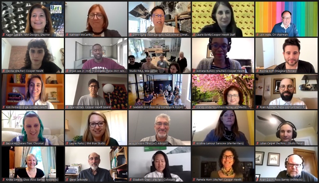 Screenshot of a video call on zoom with a rectangular grid five by five each filled with a person's head against a variety of backgrounds and small white text giving their name