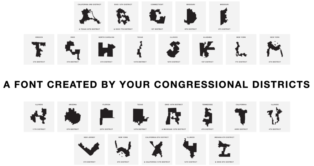 An alphabet in black lettering on a white background in which each letter is the silhouette of a gerrymandered congressional district in the United States