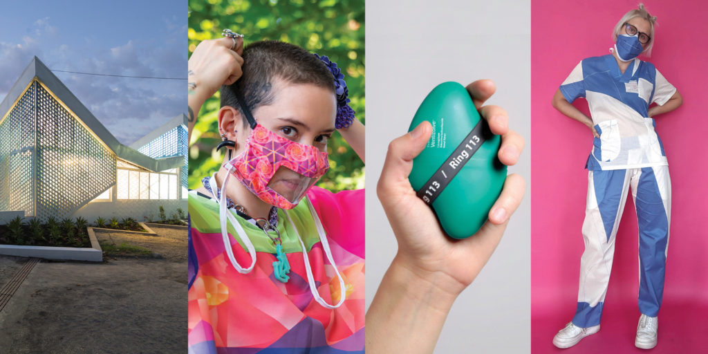 A collage of four images, from left to right: the illuminated exterior of a cholera treatment center; a figure putting on a multi-colored mask with a clear section over the lips; a hand holds a lozenge-shaped green plastic device; a person wearing blue and white scrubs against a pink background.