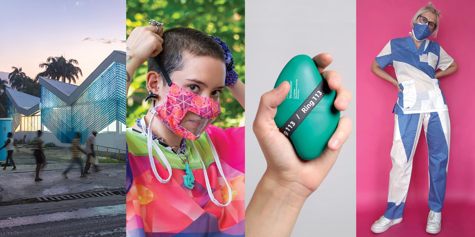 A collage of four images, from left to right: the illuminated exterior of a cholera treatment center; a figure putting on a multi-colored mask with a clear section over the lips; a hand holds a lozenge-shaped green plastic device; a person wearing blue and white scrubs against a pink background.