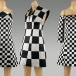 Three dresses with black and white checkerboard patterns displayed on mannequins.