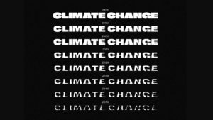 The phrase "climate change" in white letters on a black background repeated seven times with decreasing weights
