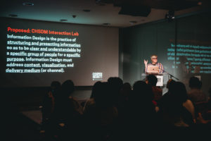 A wide shot of a person speaking on stage with a projected slide behind. On the slide is the following text: "Proposed: CHSDM Interaction Lab. Information Design is the practice of structuring and presenting information so as to be clear and understandable by a specific group of people for a specific purpose. Information Design must address content, visualization, and delivery medium (or channel). In the foreground are the darkened silhouettes of a seated audience.