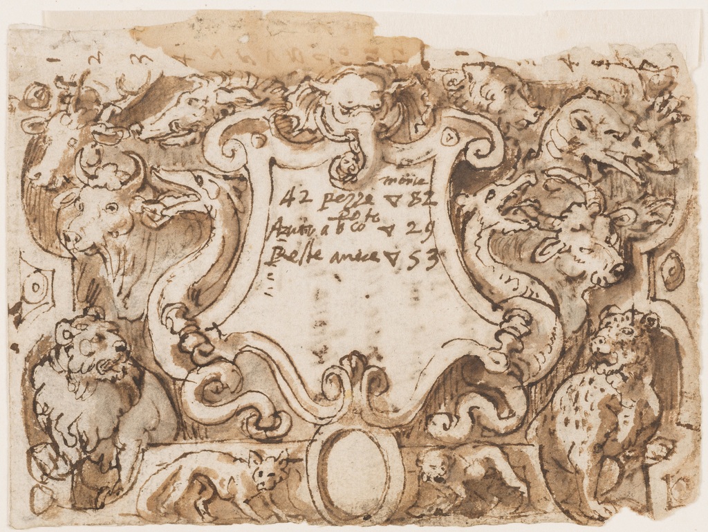 Ink drawing of animals surrounding a crest with hand-written notes by the artist regarding payments to a tailor.