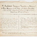 Piece of paper with cursive text written in black ink announcing the opening and purpose of the Museum of the Arts of Decoration.