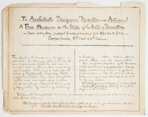 Piece of paper with cursive text written in black ink announcing the opening and purpose of the Museum of the Arts of Decoration.