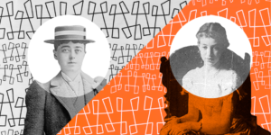 Two women's portraits framed by graphic circles creating cameo spots of each woman. An angular pattern travels across the picture behind the figures and a diagonal line separates the two women with a grey field of color on the left and an orange field on the right.
