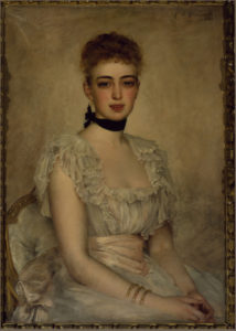 Painted portrait of a young Eleanor Hewitt. She peers at the viewer wearing a delicate, ruffly light-colored dress, with a pink sash around her waist. Her hands are together, resting on her thigh.