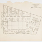 A historic plan view of the fourth floor of the Cooper Union building, the Museum for the Arts of Decoration, depicting a horizontal, architectural layout for an angular built structure with four main straight sides.