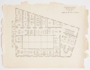 A historic plan view of the fourth floor of the Cooper Union building, the Museum for the Arts of Decoration, depicting a horizontal, architectural layout for an angular built structure with four main straight sides.