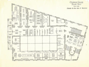 Floorplan of Cooper Union fourth floor space. This angular shape is divided by indications for walls and rooms and stairwells. Inscription on the top right corner reads [Cooper Union Fourth Story - Museum for the Art of Decoration]