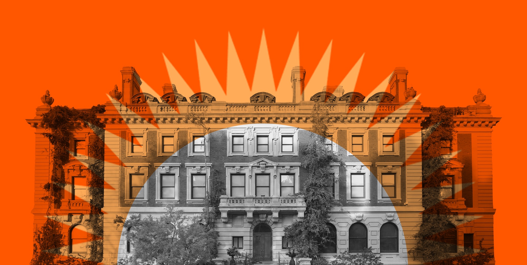 Image of the Carnegie Mansion overlaying an illustrated rising sun.