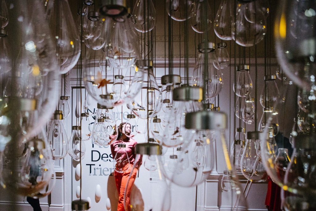 A woman wearing bright orange pants and a pink shirt stands in front a far wall with her hands in her pockets. Dominating the foreground is a large cluster of hanging, clear bulbs that contain small models of insects. The bulbs are hanging at a variety of different lengths on black wires.