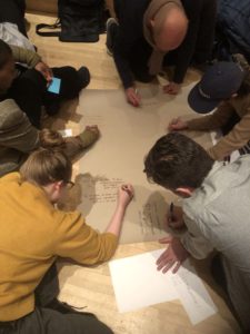 Six people are sitting and squatting on the floor around a large piece of brown paper. The photo is shot from above to show each person writing on the paper at different angles with felt tip markers.