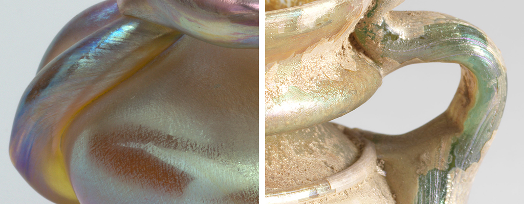 Side by side photographs of close-up views of the rib of a vase and arm of a jar, both detailing the effects of iridescence.
