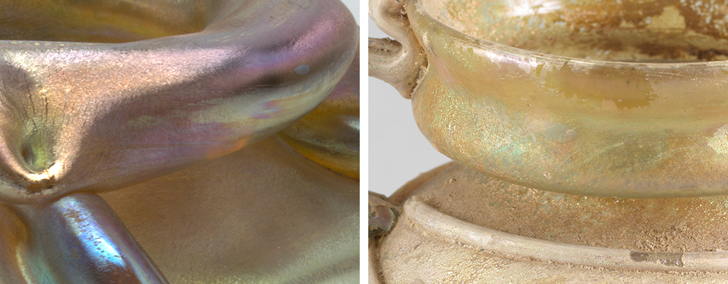 Side by side photographs of close-up views of the rims of a vase and a jar, both detailing the effects of iridescence.