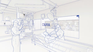 Drawing of the inside of an ICU installed in a shipping container. Caregivers help a patient lying in bed.