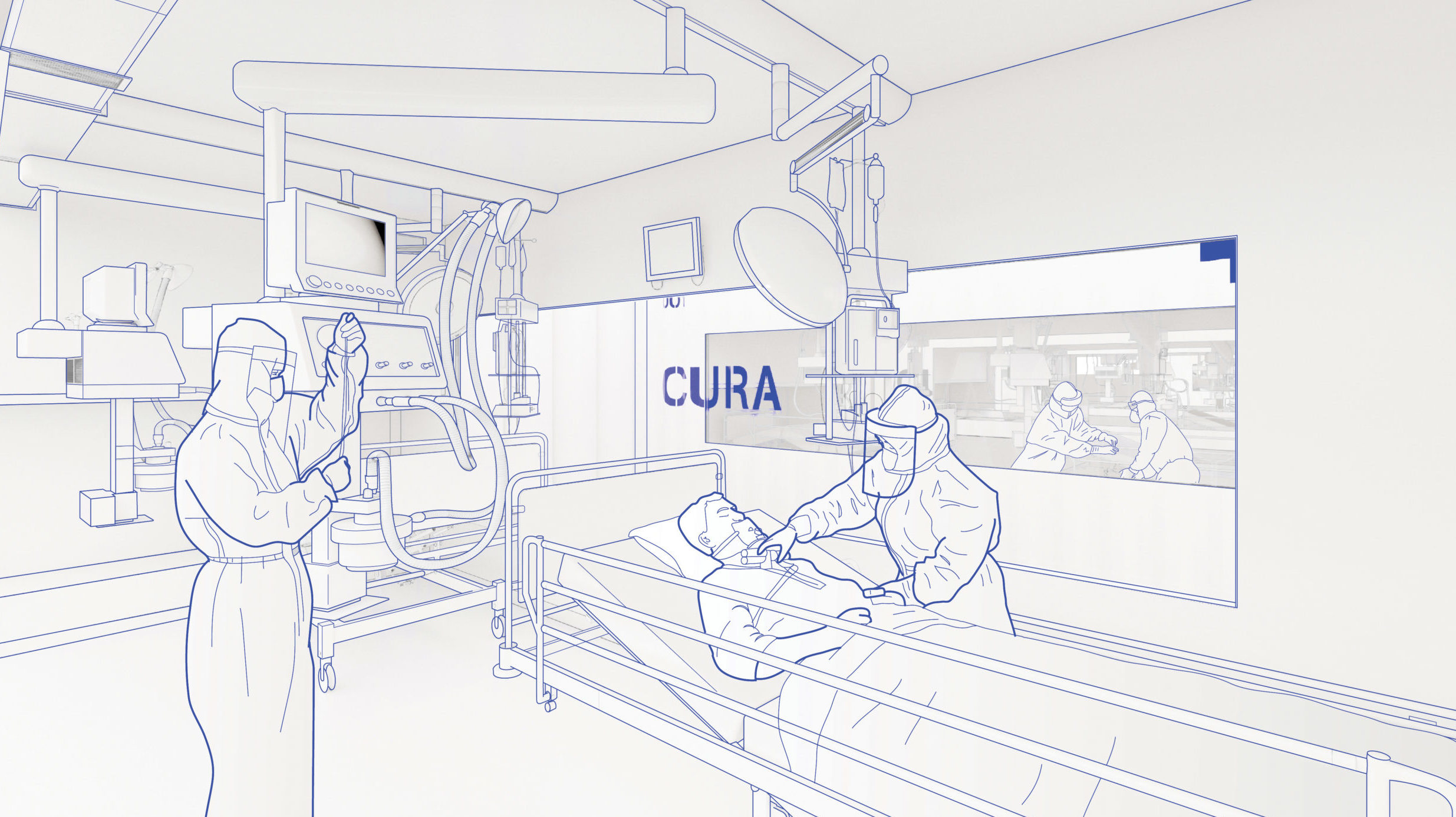 Drawing of the inside of an ICU installed in a shipping container. Caregivers help a patient lying in bed.