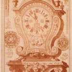 Clock design decorated with urns, clawed feet, garlands, and scrolls, with designs in background