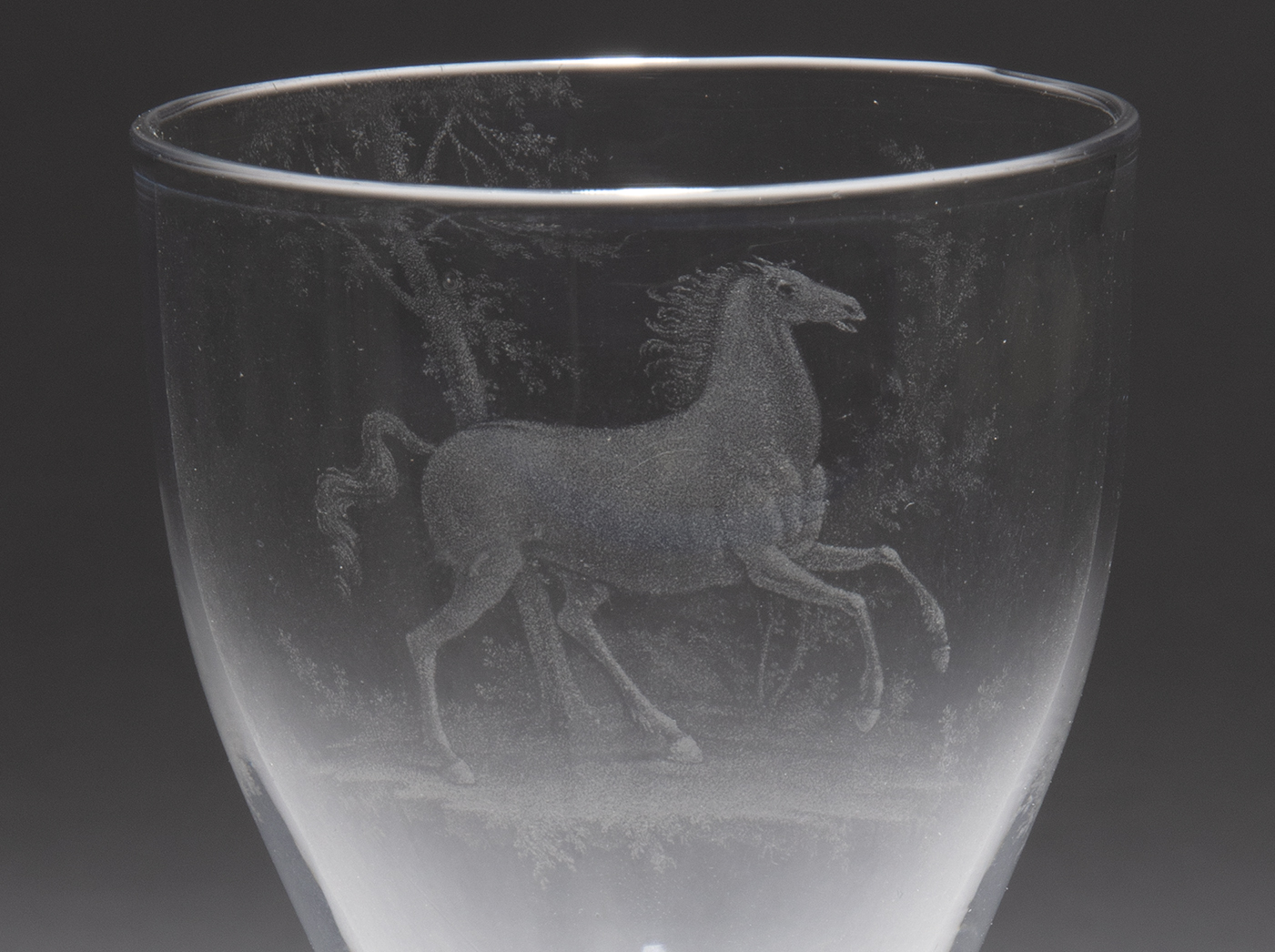 Close-up photograph of the vessel portion of a drinking glass with an image of a horse engraved into its surface.