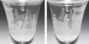 Two side-by-side photographs of close-up details of carved-glass imagery of human figures celebrating the birth of a child.