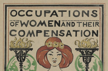 Painting of a woman facing forward in a strong stance holding open a large book, with the words "Occupations of Women and Their Compensation" in bold black letters above her head.