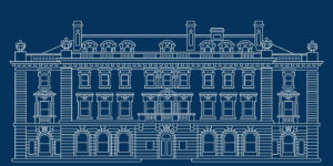 A white line drawing of the Carnegie Mansion is set against a dark blue background.