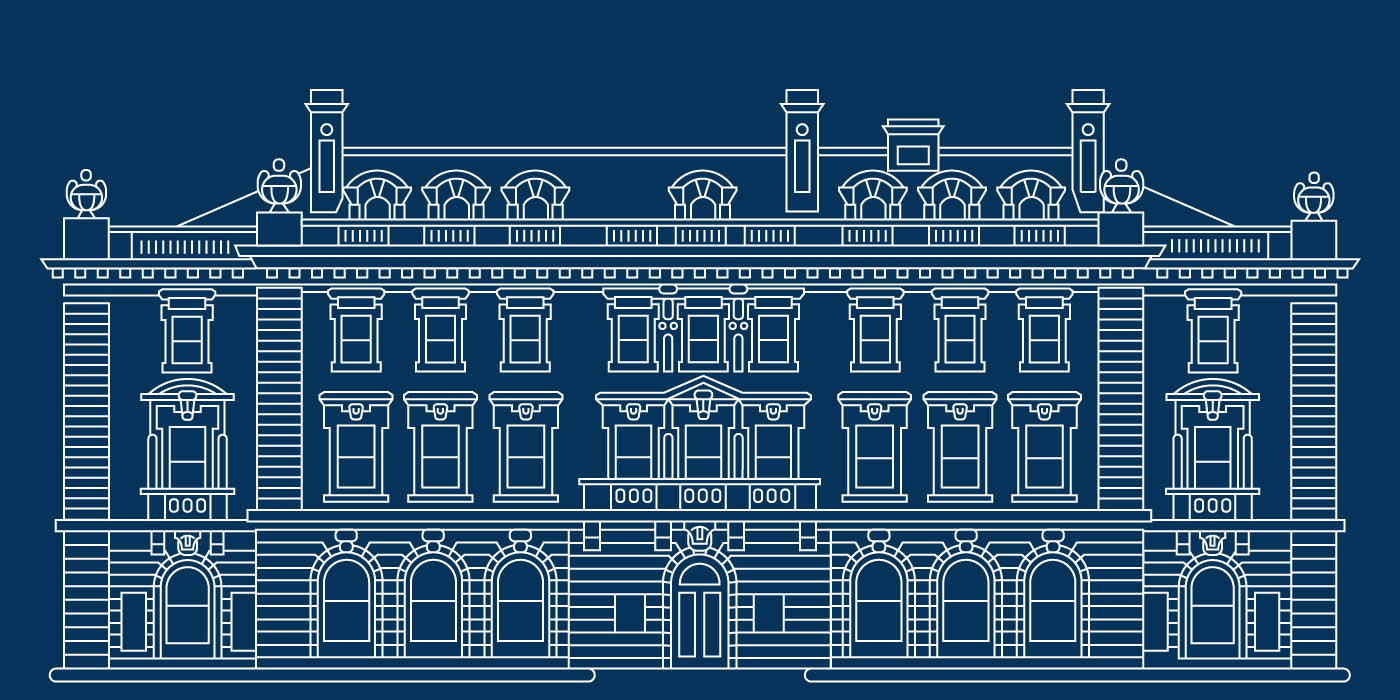 A white line drawing of the Carnegie Mansion is set against a dark blue background.