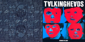 Image on left: Square textile in shades of indigo with patterns of figures, animals and leaves. Image on right: Album cover with [TALKINGHEADS] printed in white capital letters at top. Four heads appear in a square grid with facial features partially obscured in red paint. [REMAIN IN LIGHT] appears in small white capital letters at the bottom.
