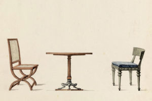 Detail of a drawing of two decorative chairs with a small table between them.