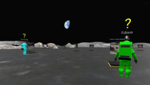 Two players in bright blue and green space suits each stand in front of an artifact with their names and yellow question marks floating over their heads. In the background scattered artifacts, moon boulders and the earth in partial shadow are visible.